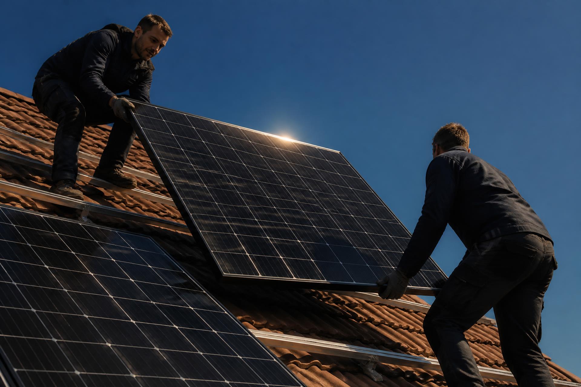 Deux installateurs Synergie posant un panneau photovoltaïque sur une toiture en tuiles